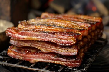 Delicious crispy bacon grilling on a barbecue