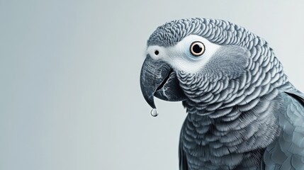 Obraz premium Closeup of African Grey Parrot (Psittacus erithacus) with a water drop on its beak isolated against a plain background. They are known to be great human voice and speech imitators. 