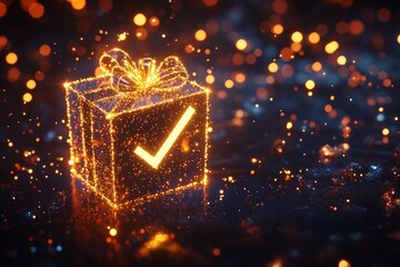 A glowing gift box with a glowing checkmark rising, leaving a trail of light in the shape of a completed task. 