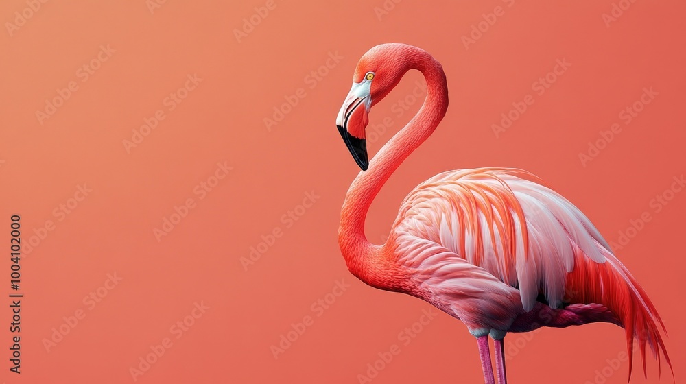 Poster a single-color background showcasing the elegant lines of a flamingo standing gracefully, its pink f