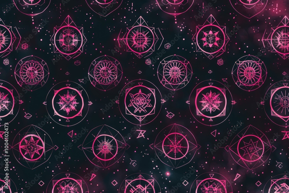 Poster Geometric patterns in pink and black on a dark background, ideal for use in designs where bright colors are needed