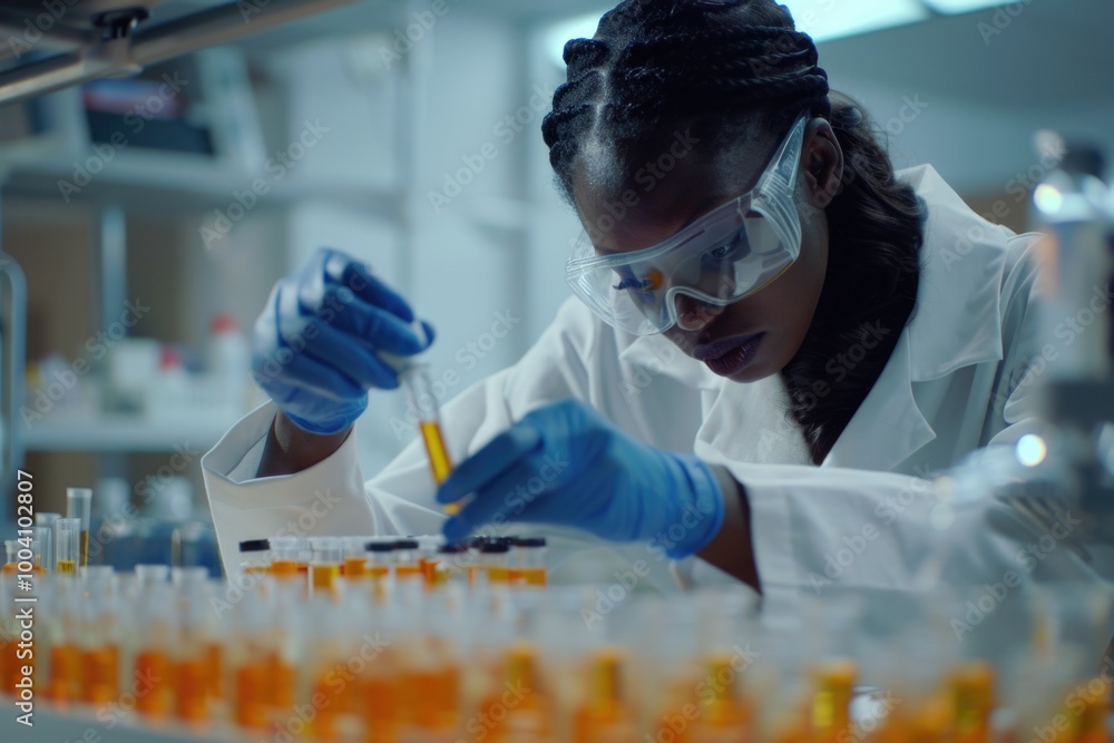 Poster a woman in a lab coat and goggles conducting an experiment in a laboratory