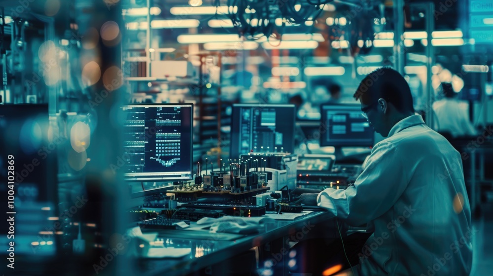 Poster a person in a lab coat typing away on their computer, possibly working on a project or research