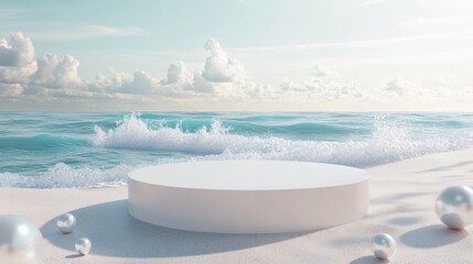 Beach scene with abstract white platform and