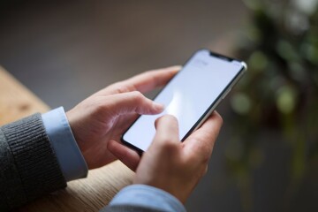 Close-up of a person holding and using a smartphone with a blank screen. The background is blurred with indoor elements. Concept of technology