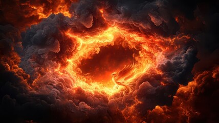 Fire phoenix rising from a swirl of magical flames, with sparks and embers trailing in the air, illuminating the fantasy sky