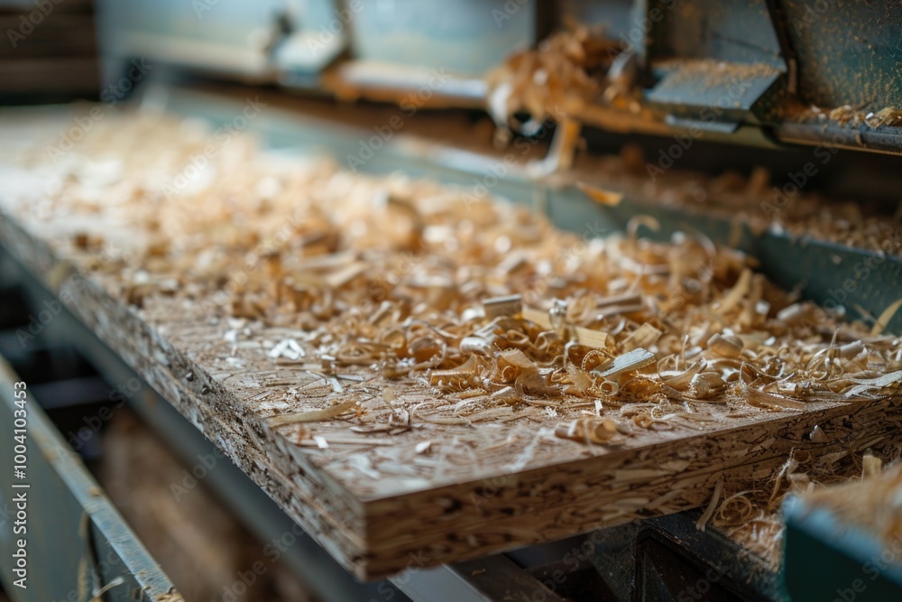 Poster a close-up view of a wooden object being transported on a conveyor belt