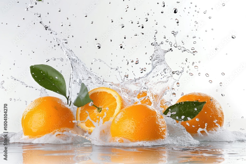 Poster fresh oranges falling into the water with splashes and ripples