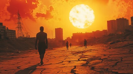 A severe heatwave turning a city into a scorching landscape, with cracked pavements and people seeking shelter from the oppressive sun