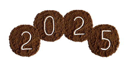 happy holidays lettering numbers from ground coffee without background new Year 2025