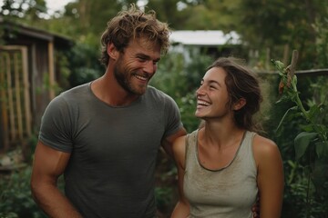 Obraz premium A lively couple captures an affectionate moment amidst lush greens, illustrating pure joy and deep connection while basking in nature's tranquility and beauty.