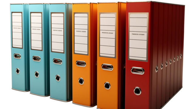 Bright binder office folders, studio view, isolated on white background.