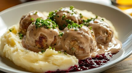 A Swedish meatball dish with creamy gravy, mashed potatoes, and lingonberry sauce.