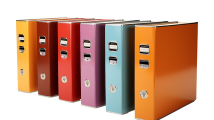 Bright binder office folders, studio view, isolated on white background.
