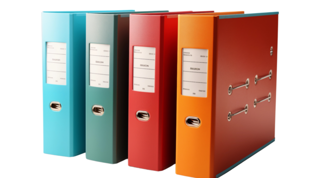 Bright binder office folders, studio view, isolated on white background.