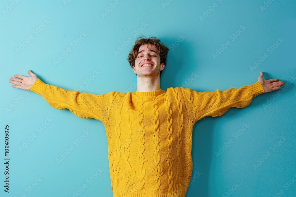 Poster A person posing for a photo wearing a bright yellow sweater