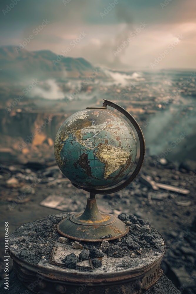 Poster A globe sits atop a rocky outcropping, with a mountain range visible in the background