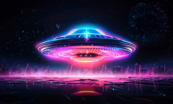 mystery futuristic ufo shining in neon colors