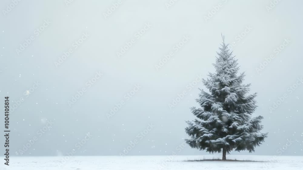 Poster snow is gently falling on a snow covered pine tree standing alone in the middle of a field, creating