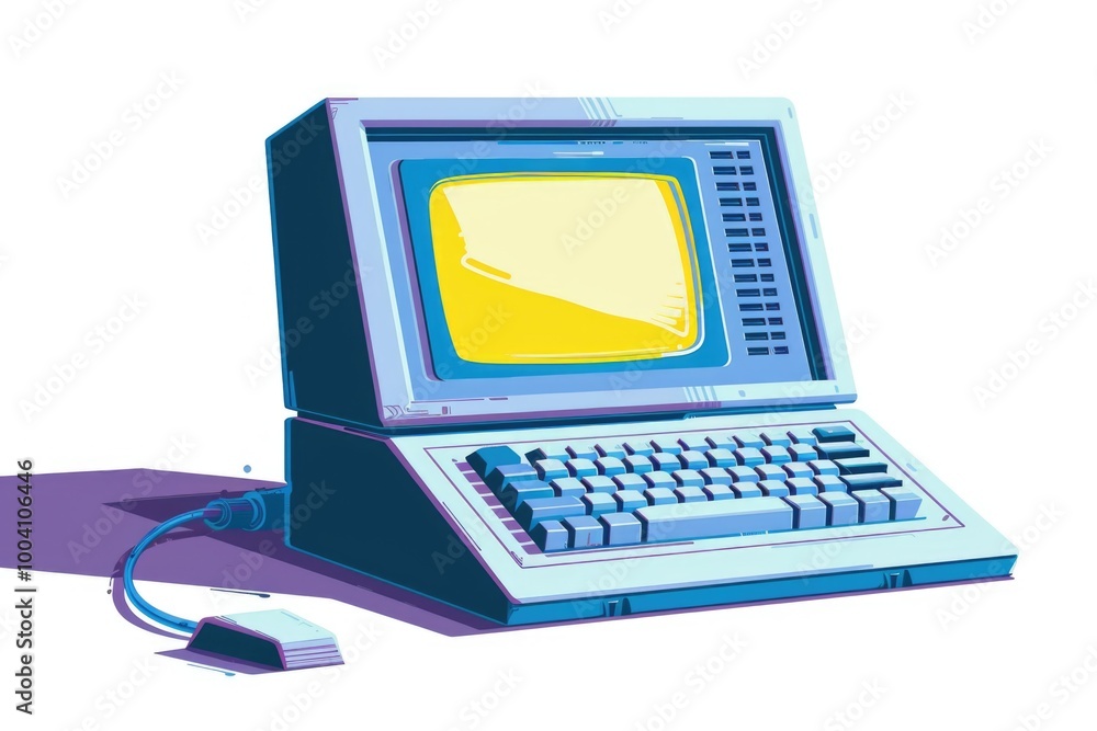 Poster vintage computer with a yellow monitor and classic keyboard