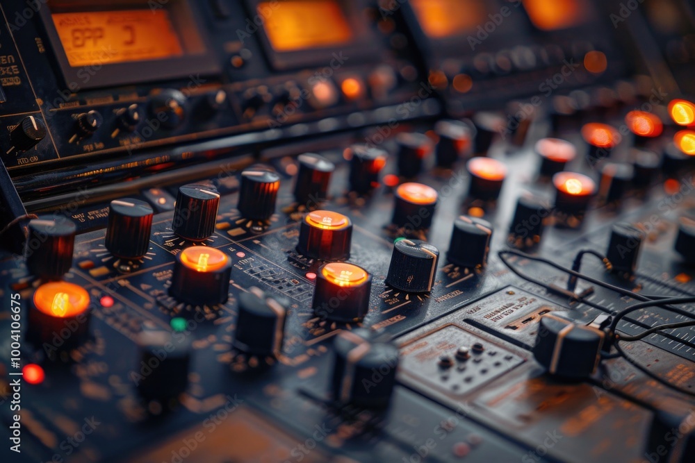 Poster a close-up shot of a control panel with bright orange lights, suitable for use in technology and ind
