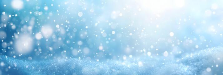 Fototapeta premium Abstract blue winter background with snow texture and falling snowflakes - Cold sunny winter landscape in Christmas season - Panorama with space