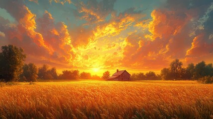Fototapeta premium charming countryside landscape featuring a rustic farmhouse surrounded by golden fields and a vibrant sunset sky evoking a sense of nostalgia