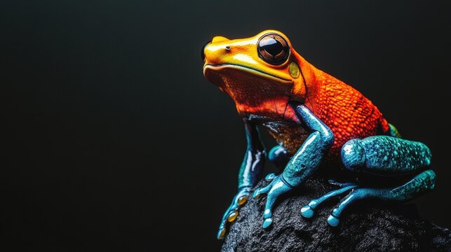 A vibrant-colored frog perched on a monochrome backdrop, creating contrast that draws attention to its form.