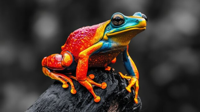 A vibrant-colored frog perched on a monochrome backdrop, creating contrast that draws attention to its form.