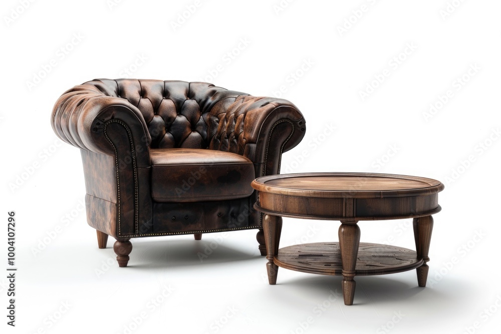 Poster a simple setting featuring a brown leather chair and a table against a white background