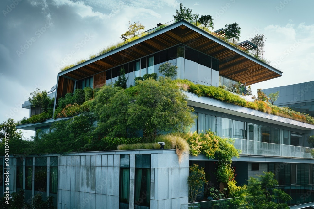 Poster a building with a green roof, suitable for architecture or environmental topics
