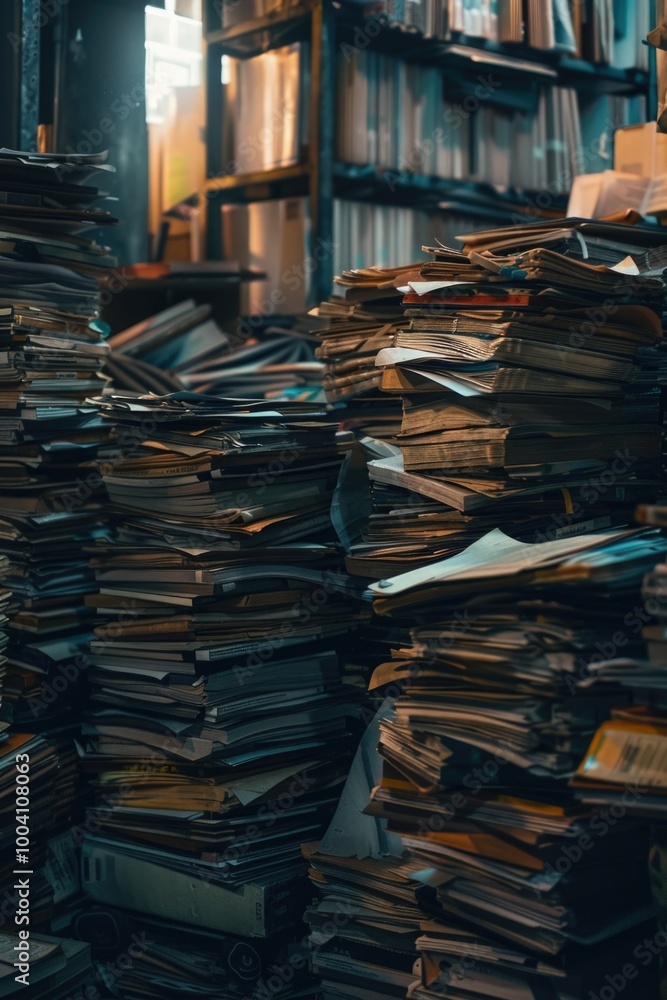 Poster a stack of papers resting on a wooden floor, ideal for use in office or study settings