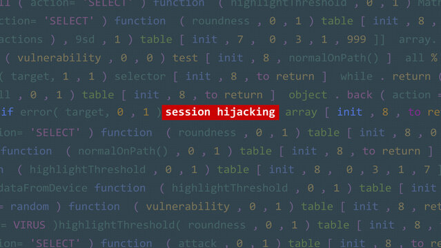 Cyber attack session hijacking text in foreground screen of code editor developer studio point of vue. Vulnerability text in binary system ascii. Text in English, English text