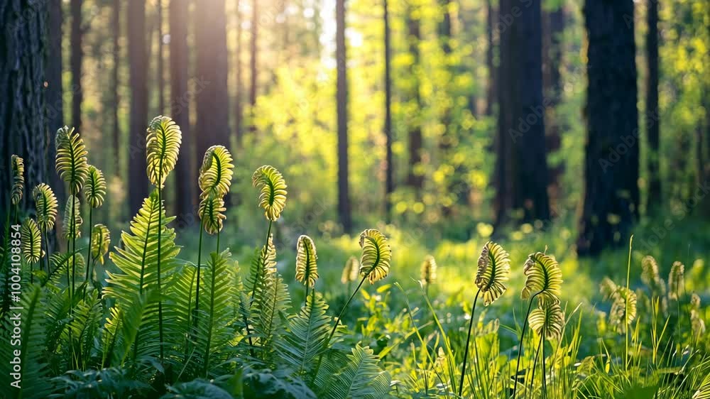 Poster sunlight filters through the trees of a dense forest, illuminating the fiddleheads of emerging ferns