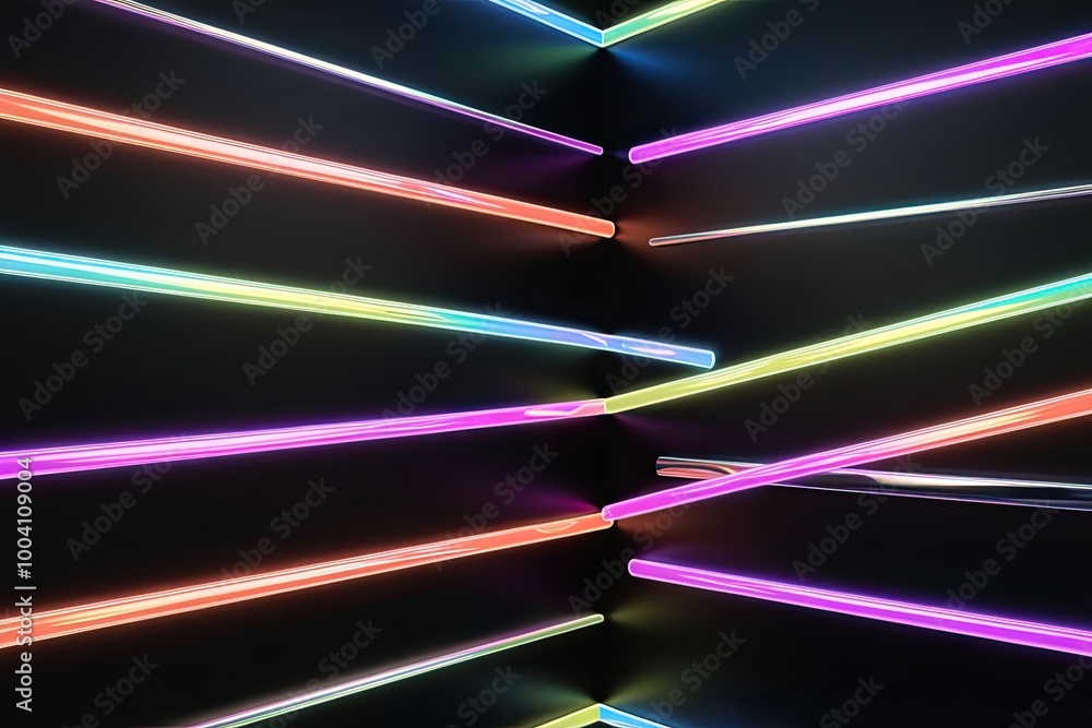 Poster 3d abstract neon background with iridescent ribbons and colorful glowing lines on black backdrop