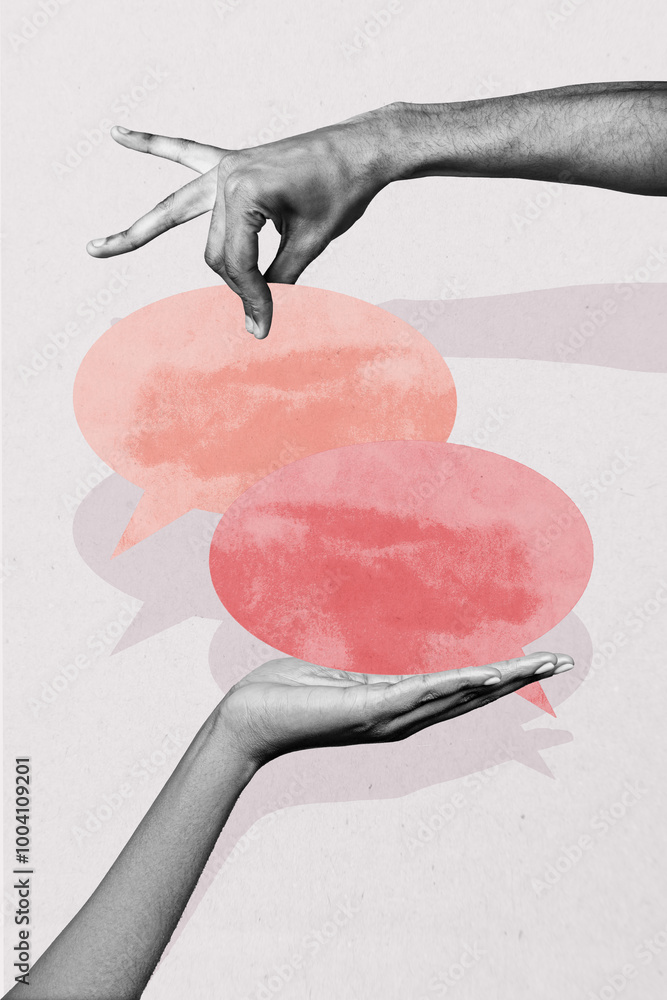 Poster composite trend artwork sketch image photo collage of anonymous two wrist hand hold message speech b