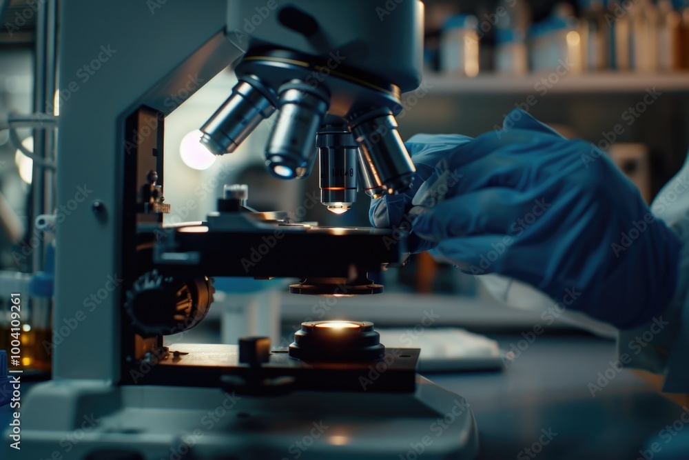 Aufkleber A scientist in a lab coat examines a microscopic specimen under a microscope, focusing on the details of the tiny world