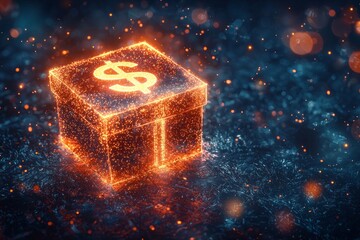 A glowing gift box with a glowing dollar sign, surrounded by a halo of golden light. 