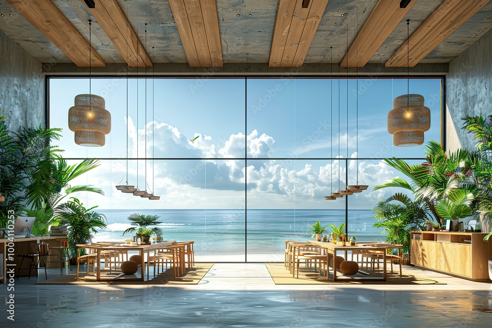 Poster a large open space with a view of the ocean and a few potted plants