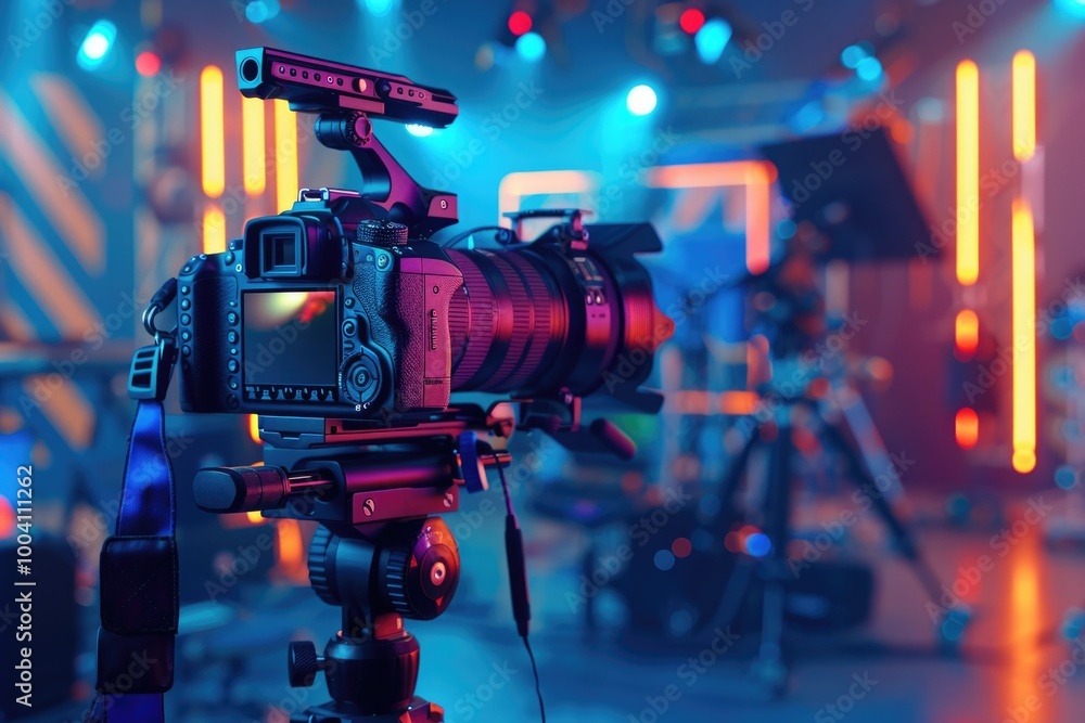 Poster a camera placed on a tripod in front of a stage, ideal for concert or theater recording