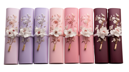 Collection of pink notebooks with floral designs and pens, studio view, isolated on white background.