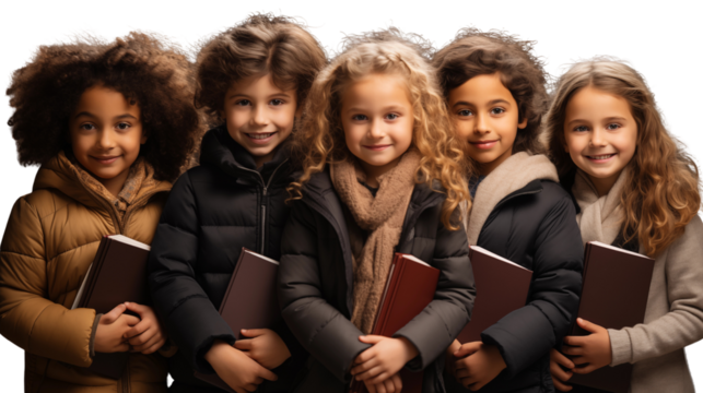 Collection of school boys and girls from different ethnicities holding notebooks, studio view, isolated on white background.