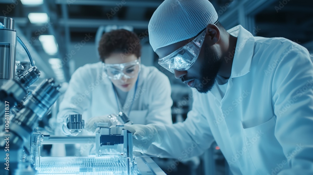 Poster two scientists working collaboratively in a laboratory on advanced research with precision instrumen