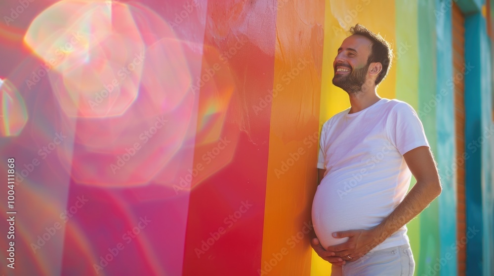 Poster a person standing in front of a vibrant and colorful wall, perfect for use in illustrations or desig
