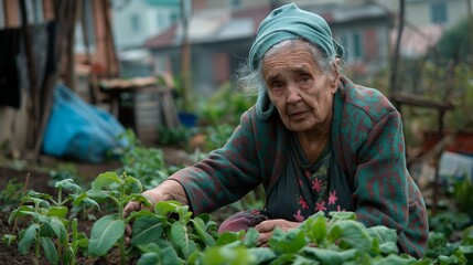 Fototapeta premium Elderly woman tending organic garden in urban setting