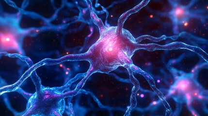 Neural connections, with glowing blue and pink neurons extending their synapses in a dark, starry-like background, representing brain activity or scientific visualizatio