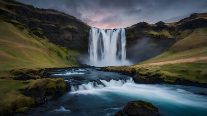 Fototapeta premium Waterfall in the mountains, Icelandic nature photo landscape, epic outdoor travel background
