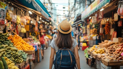 A woman in a straw hat and floral dress walks through a market.