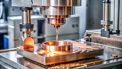 Sinker EDM machine simulating mold and die manufacturing process with copper electrode in detailed stock photo for electrode discharge machine operation concept