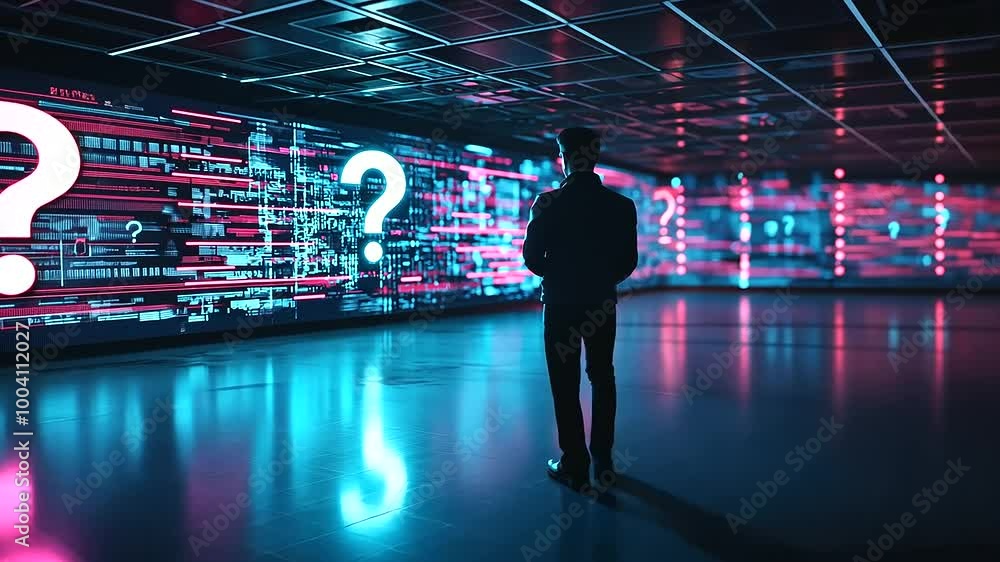 Poster a figure stands in a high-tech environment, with a holographic question mark floating in front of th
